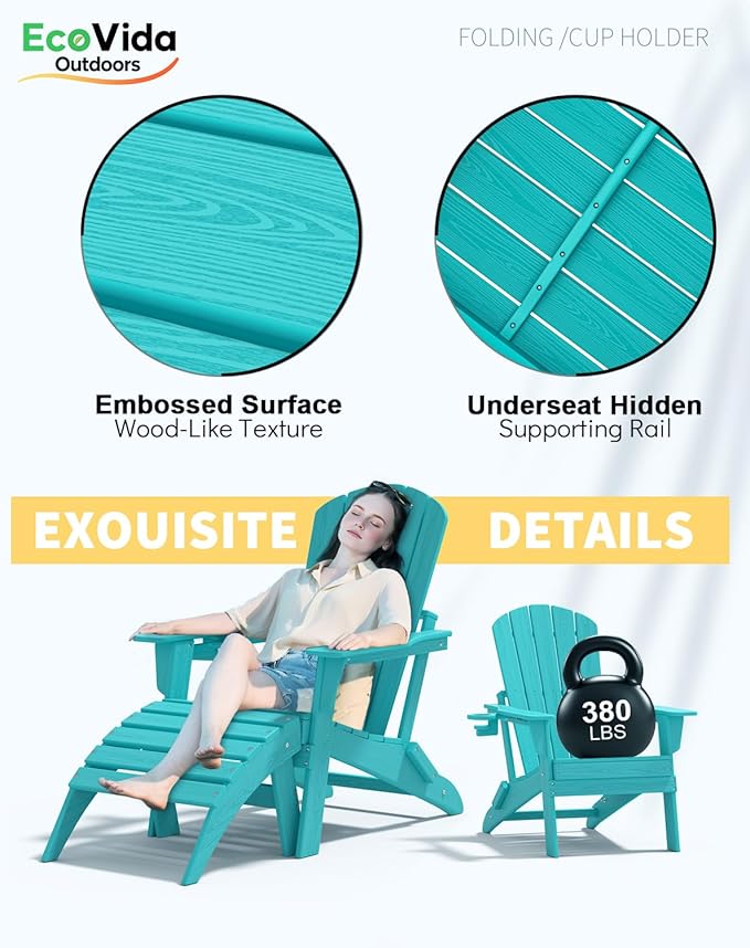 3-Piece Folding Adirondack Chair Set - 38" Extra Tall Back & Embossed Wood Grain - Photo 7