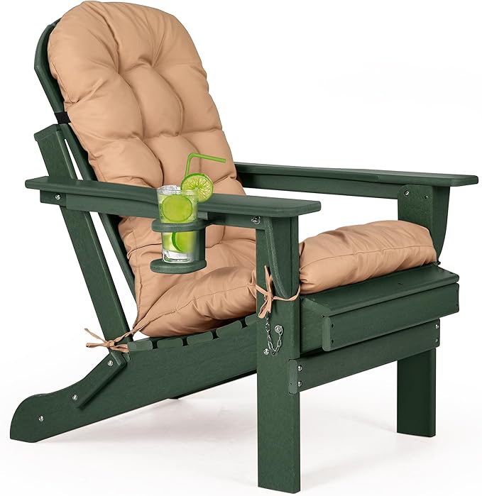 nalone Folding Adirondack Chair with Cushion with Cup Holder, HDPE Plastic Oversized Patio Chair Weather Resistant, Used in Outdoor, Fire Pit, Deck, Garden, Campfire Chairs (Green)