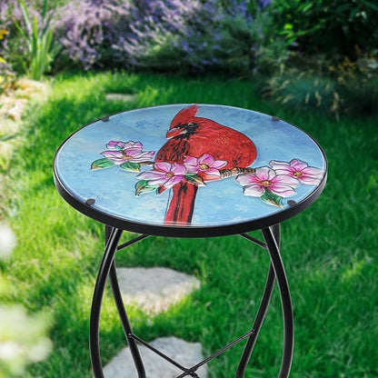 MUMTOP Side Patio Tables-Mosaic Outdoor Side Table - 14’’ Cardinal Glass Accent Round EndTable, Plant Stand Indoor Small CoffeeTable for Garden or Living Room Decor