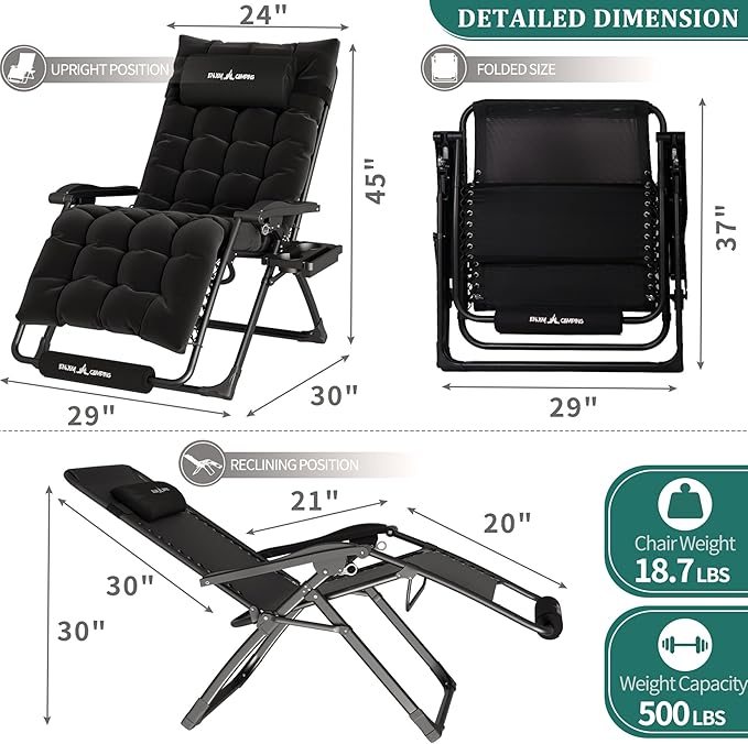 UDPATIO Oversized Zero Gravity Chair 29In XL Patio Reclining Chair with Cushion, Outdoor Folding Recliner with Pillows - Photo 5