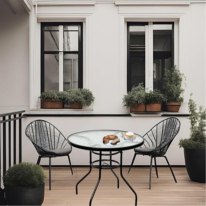 32 Inch Round Outdoor Coffee Table, All-Weather Bistro Table with Steel Frame & Tempered Glass, Dining Table for Backyard, Sunroom, Balcony, Lawn, Pool