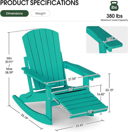Adirondack Rocking Chair with Retractable Ottoman Set of 2, 4-in-1 Foldable Reclining Patio Chair, HDPE Wood-Look Outdoor Rocker for Porch, Garden & Poolside, Lake Blue