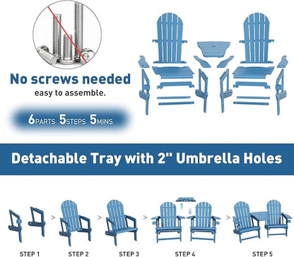 Adirondack Chair Set of 2, All Weather HDPE Adirondack Chair with Double Connecting Trays, Plastic Adirondack Chairs for Balcony, Deck, Patio, Backyard, Garden, Blue