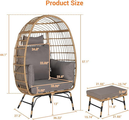 Oversized Wicker Egg Chair with Ottoman, Rattan Patio Egg Chair with Stand and Thick Cushions, Indoor Outdoor Lounge Chair for Backyard, Balcony, Living Room, Dark Gray＋Ottoman