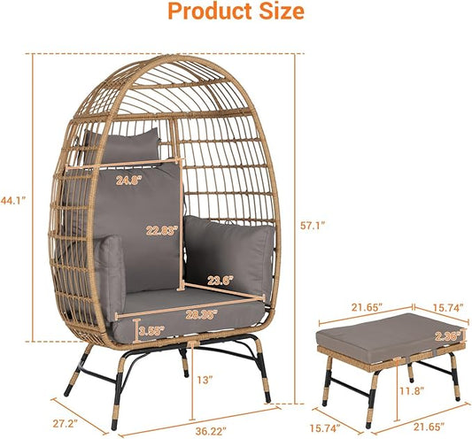 Oversized Wicker Egg Chair with Ottoman, Rattan Patio Egg Chair with Stand and Thick Cushions, Indoor Outdoor Lounge Chair for Backyard, Balcony, Living Room, Dark Gray＋Ottoman