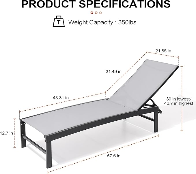 Crestlive Products Chaise Lounge Chair Outdoor Set of 2, Adjustable 5 Positions Pool Tanning Recliner, Outdoor Lounge Furniture Perfect for Patio, Beach, Yard, Pool