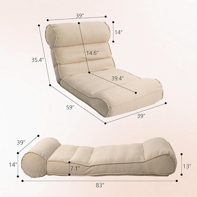 Dineli 83'' Outdoor Chaise Lounge Chair with 5 Positions Adjustable Backrest Patio Lounger Lounge Chairs for Outside, Pool Lounge Chairs Sunbed Lounge Waterproof Sun Loungers for Garden Beach, Beige