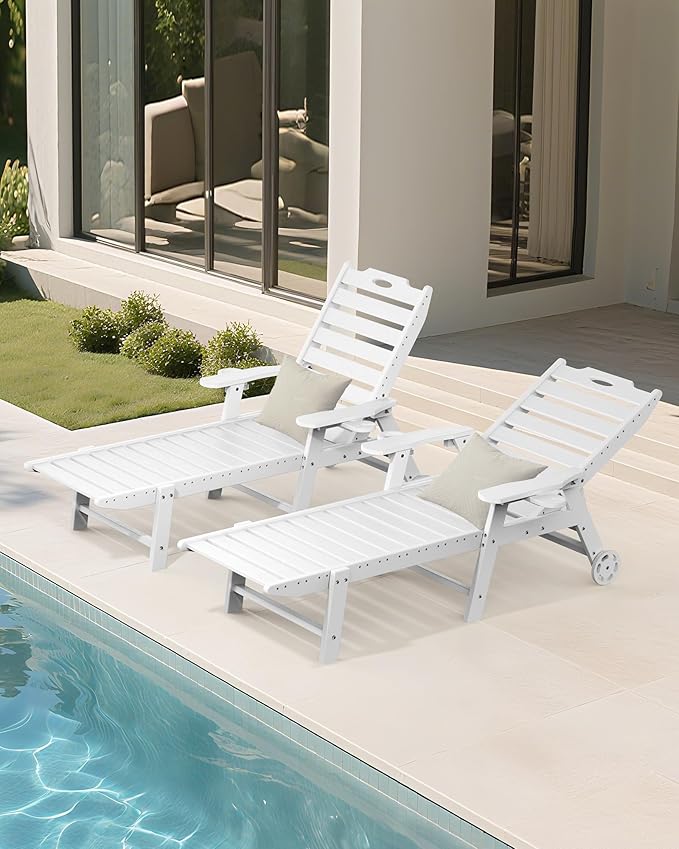 Carauci Lounge Chair Outdoor Set of 2, HDPE Chaise Lounge with Wheels - Photo 9