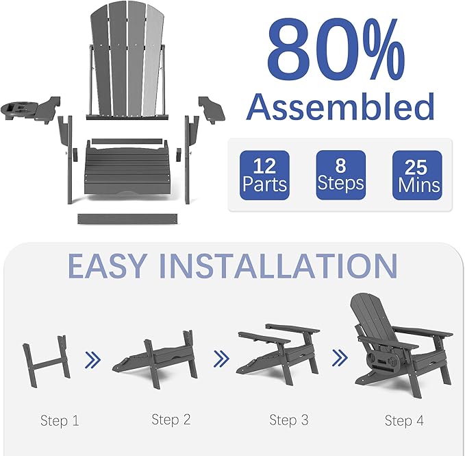 FOOWIN Adirondack Chair with Retractable Ottoman,HDPE Folding Adjustable Adirondack Chair w/4 in 1 Cup Holder Trays,All-Weather Resistant Fire Pit Chair for Outdoor Patio Lawn Set of 8