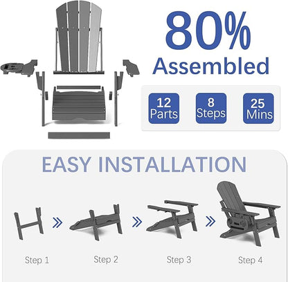 FOOWIN Adirondack Chair with Retractable Ottoman,HDPE Folding Adjustable Adirondack Chair w/4 in 1 Cup Holder Trays,All-Weather Resistant Fire Pit Chair for Outdoor Patio Lawn Set of 8