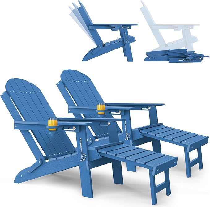 YEFU Adirondack Chair with Retractable Ottoman: Adjustable Folding Adirondack Chairs Set of 2 with Cup Holder - Fire Fit Chairs with Footrest - HDPE Plastic All Weather for Outdoor/Patio/Lawn(Blue)