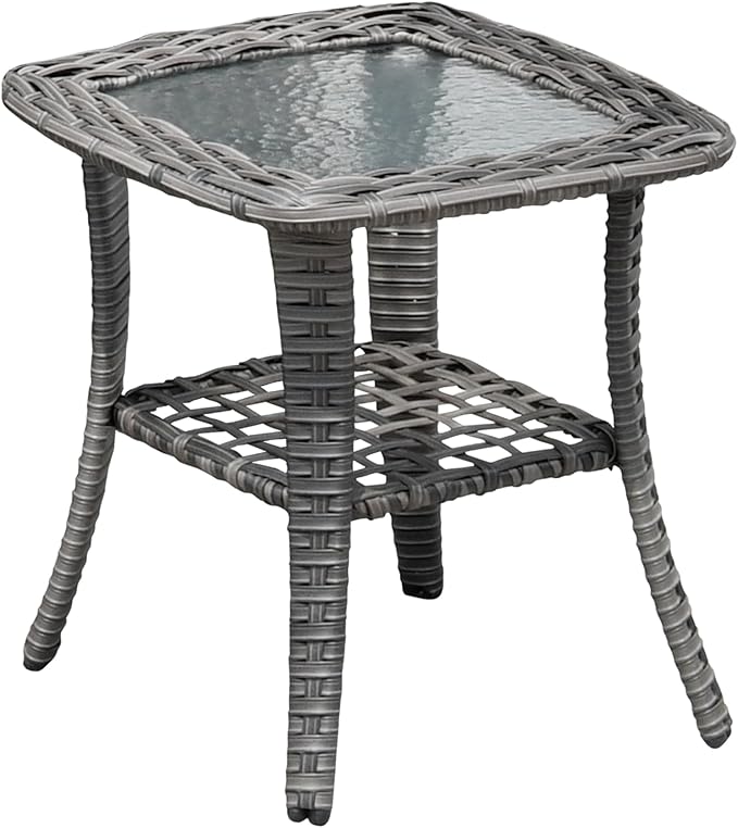 ovios Outdoor Side Table with Tempered Glass Top, Patio Wicker Rattan 2-Tier Storage Coffee End Tables for Porch Deck Balcony Garden Poolside (Grey-Small Size)