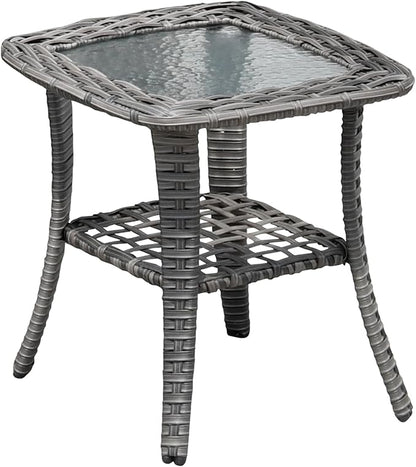 ovios Outdoor Side Table with Tempered Glass Top, Patio Wicker Rattan 2-Tier Storage Coffee End Tables for Porch Deck Balcony Garden Poolside (Grey-Small Size)