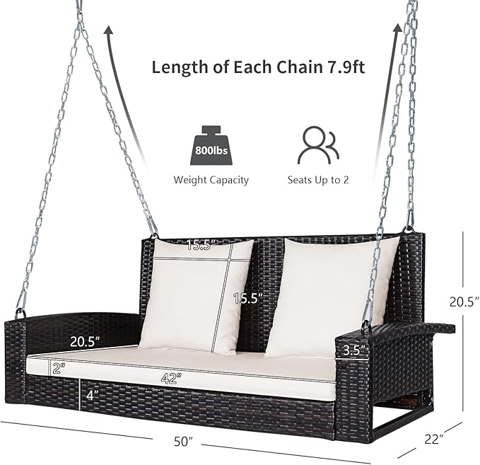 RELAX4LIFE Porch Swing 2-Seat Patio Rattan, Wicker Porch Swings Outdoor W/Two 7.9 Ft Solid Steel Chain - Photo 8
