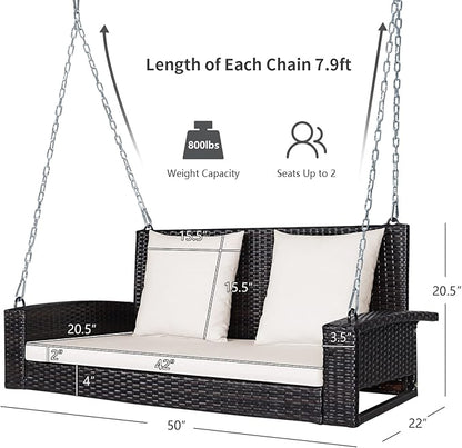 RELAX4LIFE Porch Swing 2-Seat Patio Rattan, Wicker Porch Swings Outdoor W/Two 7.9 Ft Solid Steel Chain, Comfortable Back & Seat Cushions, for Front Porch, Garden, Backyard Patio Swing (Beige)