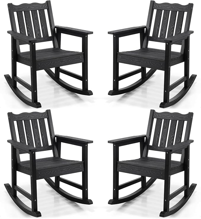 Stoog All-Weather Patio Rocking Chairs Set of 4, Porch Rocker with 400 lbs Weight Capacity, for Both Outdoor and Indoor, Black