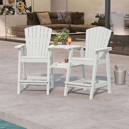 White HDPE Tall Adirondack Chair Set of 2 with Beige 9FT Patio Umbrella, All-Weather Outdoor Bar Height Chairs with Trays & Umbrella Hole for Garden, Balcony, Lawn