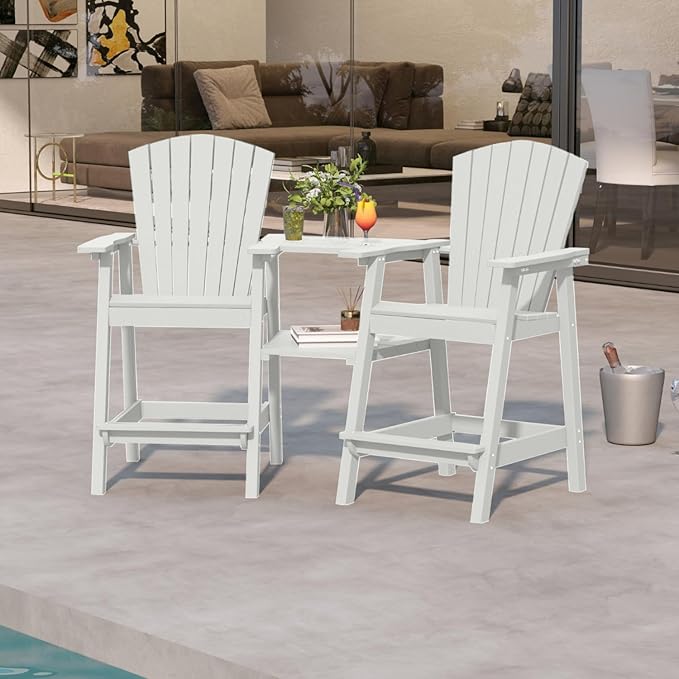 White HDPE Tall Adirondack Chair Set of 2 with Beige 11FT Cantilever Umbrella, All-Weather Outdoor Bar Height Chairs with Trays & Umbrella Hole for Balcony