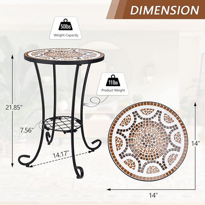 VCUTEKA Outdoor Side Table Mosaic Patio Table Accent Tables Mosaic Tile Top Metal Frame Small End Tables Porch Beach Patio Garden Balcony Russet 14''