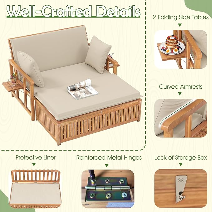 LDAILY Moccha Acacia Wood Outdoor Daybed - Wooden Loveseat Sofa with 4-Level Backrest, Storage Ottoman, Cushions - Photo 9