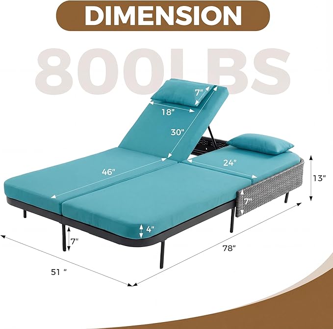 NICESOUL Double Chaise Lounge Outdoor, 51.2" Wide 2-Person Daybed with Independent Recline - Photo 2