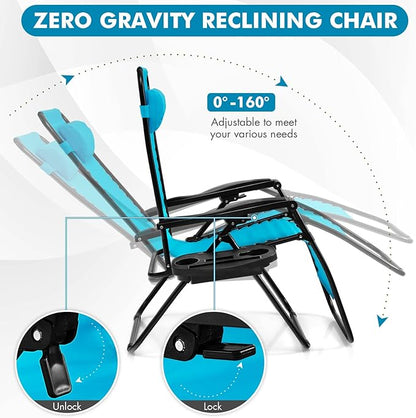 Giantex 2 PCS Zero Gravity Chair, Outdoor Chaise Lounge with Cup Holder, Patio Folding Chairs Recliner for Yard Pool Lawn Balcony, Blue