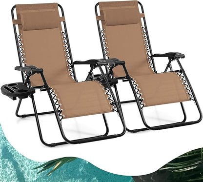 Goplus Zero Gravity Lounge Chairs, 160°Adjustable Folding Recliner w/Pillow and Cup Holder, 350LBS Comfy Outdoor Lounge Chairs for Patio, Lawn, Yard & Camp(Set of 2, Beige)