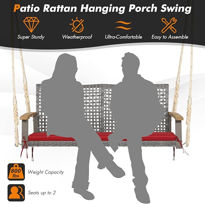 RELAX4LIFE 2-Seater Outdoor Porch Swing - Patio PE Rattan Hanging Swing Bench with Seat Cushion and Strong Hanging Ropes - Photo 6