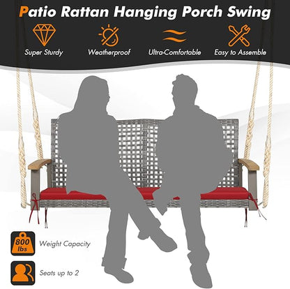 RELAX4LIFE 2-Seater Outdoor Porch Swing - Patio PE Rattan Hanging Swing Bench with Seat Cushion and Strong Hanging Ropes, Wicker Swing Loveseat Bench for Porch, Backyard, Garden, 800 lbs (Red)