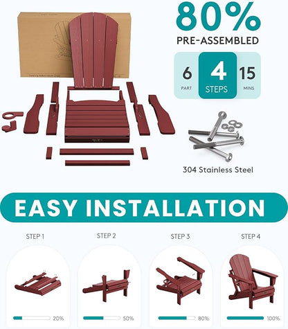 SERWALL Folding Adirondack Chair Outdoor Adirondack Chairs with Cup Holder Weather Resistant Fire Pit Chairs for Patio - Red