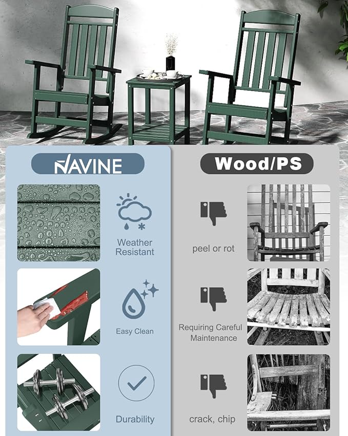 Outdoor Rocking Chairs Set of 4, Oversized High Back Patio Rocking Chairs, All Weather Porch Rocking Chairs for Outside. Dark Green