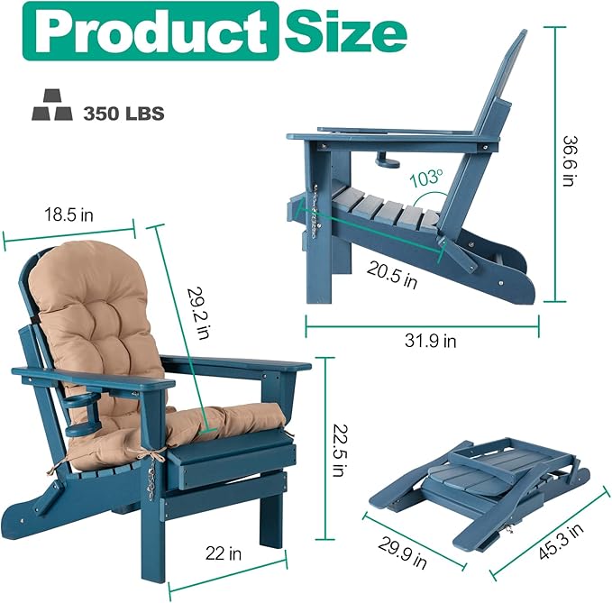 Oversized Adirondack Chair with Cushion & Cup Holders, HDPE Weather Resistant Folding Adirondack Chair for Adults, Outdoor Fire Pit Chairs for Patio/Porch/Swimming Pool/Garden (1, Blue)