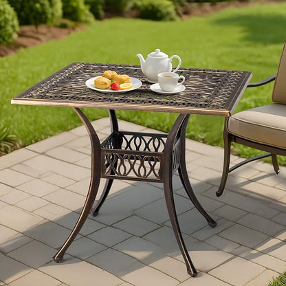 Outvita Patio Side Table, 35.4in Outdoor Square Cast Aluminum Bistro Table with Umbrella Hole and Antique Design for Backyard Porch Pool Balcony Deck Bronze