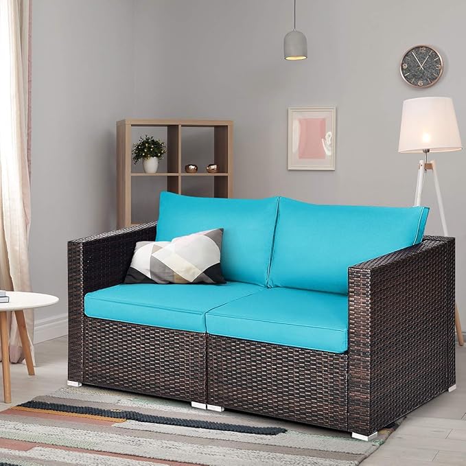 Tangkula 2 Seat Outdoor Wicker Loveseat Sofa Set, Modular PE Rattan 2 Pieces Outdoor Wicker Corner Sofa, Outside Furniture Set for Deck, Backyard, Porch, Garden & Poolside, Turquoise
