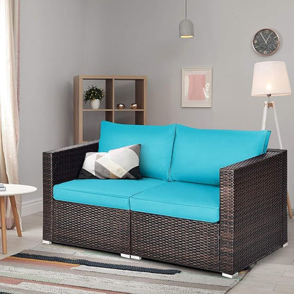 Tangkula 2 Seat Outdoor Wicker Loveseat Sofa Set, Modular PE Rattan 2 Pieces Outdoor Wicker Corner Sofa, Outside Furniture Set for Deck, Backyard, Porch, Garden & Poolside, Turquoise
