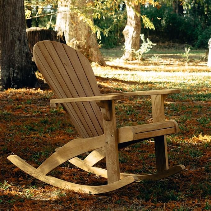 Ash & Ember Savannah Grade A Teak Adirondack Rocking Chair, Patio Lounge Seat for Deck, Porch, or Backyard Indoor Outdoor Use, Weather Resistant, Gently Curved Seat and Back with Tight Slats