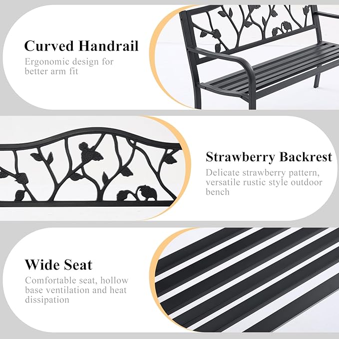 50" Outdoor Garden Bench, Cast Iron Metal Outdoor Benches Weatherproof with Artistic Strawberry Backrest, Black Patio Bench for Porch, Backyard, Lawn