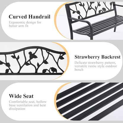 50" Outdoor Garden Bench, Cast Iron Metal Outdoor Benches Weatherproof with Artistic Strawberry Backrest, Black Patio Bench for Porch, Backyard, Lawn