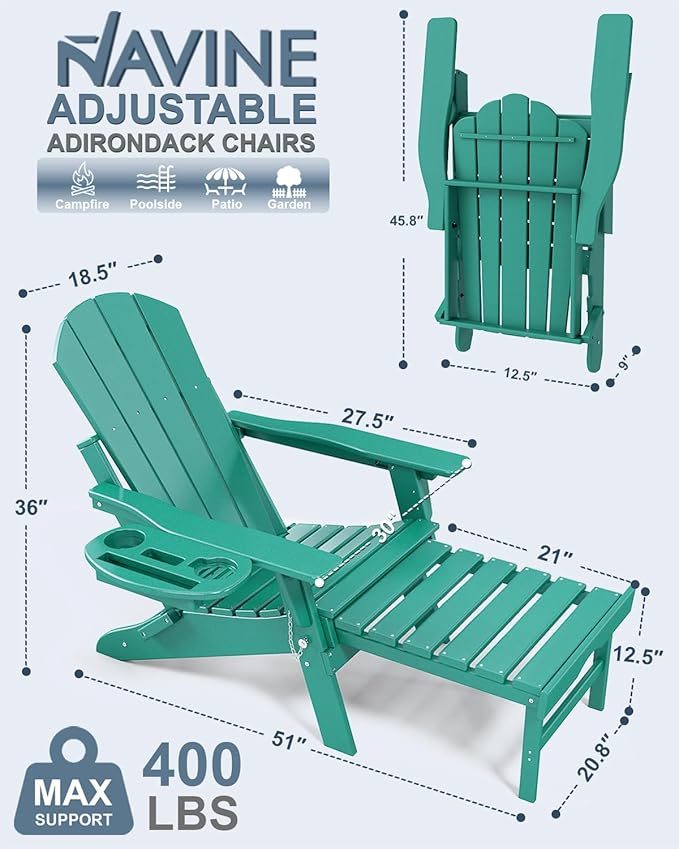 Adjustable Adirondack Chair with Retractable Ottoman Set of 2, HDPE Folding Adirondack Chair with Cup Holder - Photo 3