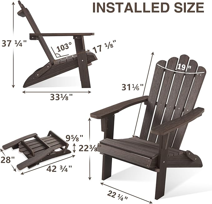 Folding Adirondack Chair, HDPE Adirondack Chairs, All-Weather Resistant Lawn Chairs,Patio Firepit Chairs for Garden