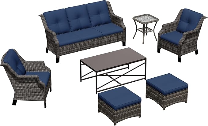 Wicker Patio Furniture Sets, 7 Pieces Outdoor Furniture with Patio Chairs, Outdoor 3-Seater Sofa, Ottoman, Coffee Table - Photo 9