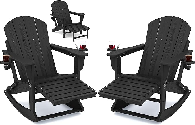 KINGYES Adirondack Rocking Chair Set of 2 with Retractable Ottoman and Cup Holders - Photo 1