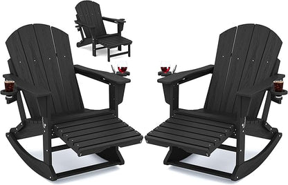 KINGYES Adirondack Rocking Chair Set of 2 with Retractable Ottoman and Cup Holders, HDPE Adirondack Rocker Patio Rocking Chair for Porch, Patio, Balcony, Black