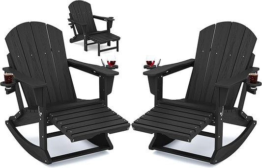 KINGYES Adirondack Rocking Chair Set of 2 with Retractable Ottoman and Cup Holders, HDPE Adirondack Rocker Patio Rocking Chair for Porch, Patio, Balcony, Black