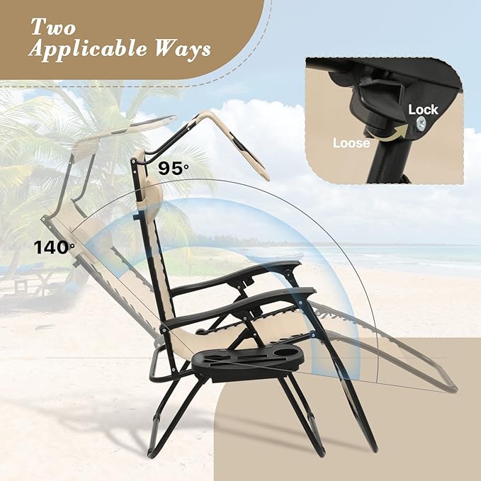 Athena Collection Patio Chairs Set of 2 Reclining Lounge Chair with Cup Holder and Pillow Fabric Camping Chairs with Canopy Foldable Beach Chairs for Garden, Park, Deck, Yard, Poolside, Cream