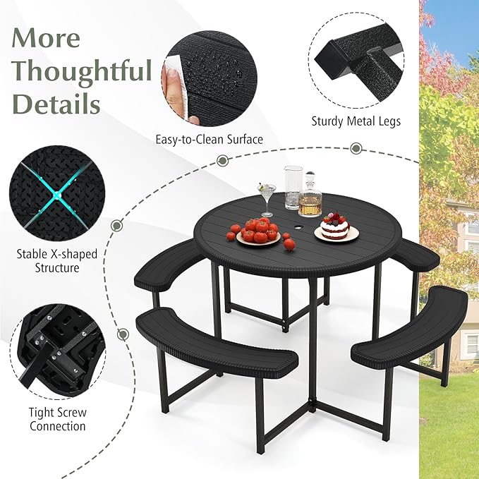 Giantex Picnic Table Bench Set for 4-8 Person, Round 37” Outdoor Dining Table w/Umbrella Hole, HDPE Tabletop - Photo 8