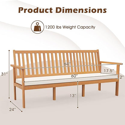 Tangkula 3-Seat Acacia Wood Outdoor Bench with Cushion, 64" Extra Long Garden Bench with Slatted Seat & Backrest, 3-Person Patio Wood Bench for Backyard, Porch, Balcony & Garden