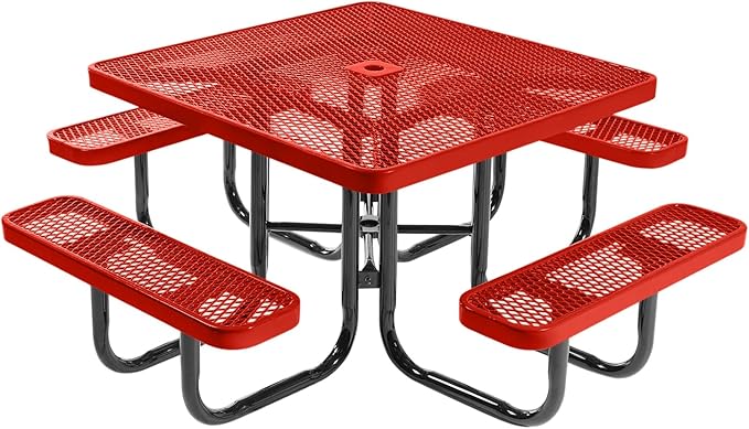 COATEDOUTDOORFURNITURE Heavy-Duty Portable Outdoor Picnic Table with Umbrella Hole, Expanded Metal Commercial-Grade Patio Dining Furniture Made in America (46" Square Top, Red)
