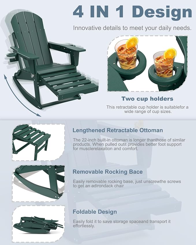 Adirondack Rocking Chairs Set of 4 with Retractable Ottoman, All Weather Folding Adirondack Chair with Two Cup Holders, Adirondack Outdoor Rocking Chairs for Porch, Patio, Balcony. Dark Green