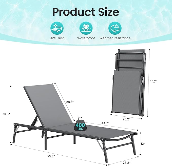 Amopatio Foldable Patio Lounge Chair, Portable Pool Chaise Lounges, Heavy Duty Iron Frame, Breathable Textilene,Weather Resistant, 5-Position Adjustable Backrest, 400 LBS Capacity,Gray
